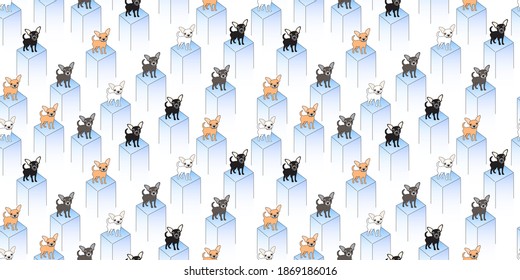 Dog seamless pattern, Chihuahua standing on a blue square platform.	