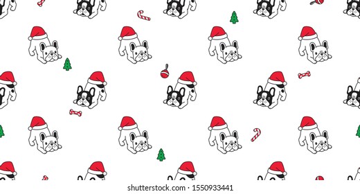 dog seamless pattern Christmas french bulldog vector Santa Claus hat bone candy cane scarf isolated cartoon repeat background tile wallpaper illustration design