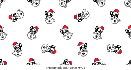 dog seamless pattern Christmas french bulldog Santa Claus hat vector coffee cup paw footprint cartoon tile background repeat wallpaper scarf isolated illustration design