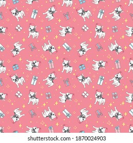 Dog seamless pattern Christmas. French bulldog Santa Claus Xmas hat and candy cane cartoon.