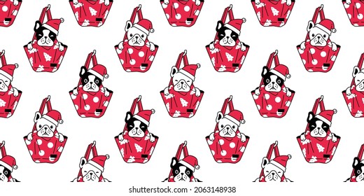 dog seamless pattern Christmas french bulldog Santa Claus hat shopping bagvector scarf isolated cartoon repeat wallpaper tile background illustration design