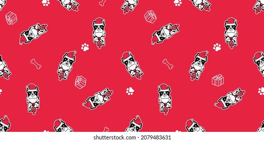dog seamless pattern Christmas french bulldog Santa Claus hat riding bicycle bike vector cartoon scarf isolated repeat wallpaper tile background illustration design