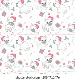 Dog seamless pattern Christmas. French bulldog Santa Claus Xmas hat and candy cane cartoon.