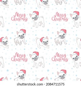 Dog seamless pattern Christmas. French bulldog Santa Claus Xmas hat and candy cane cartoon.