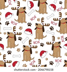 Dog seamless pattern for Christmas - santa hat, bone, paw print and cute dog in antler. Good for textile print, wrapping and wall paper, and other gifts design.