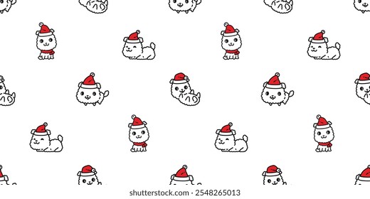 dog seamless pattern Christmas Santa Claus hat fluffy puppy vector cartoon gift box wrapping paper scarf isolated repeat wallpaper tile background illustration design