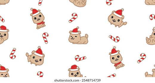 dog seamless pattern Christmas Santa Claus candy cane fluffy puppy vector cartoon gift box wrapping paper scarf isolated repeat wallpaper tile background illustration design