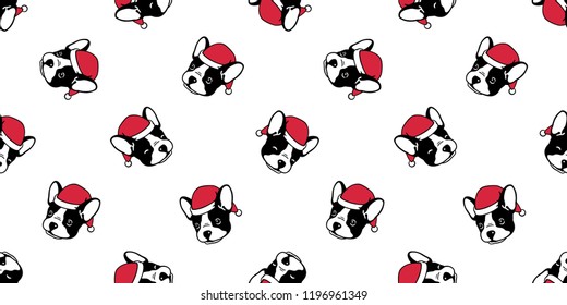 Dog Seamless Pattern Christmas Vector French Bulldog Santa Claus Xmas Hat Scarf Cartoon Illustration Isolated Repeat Wallpaper Tile Background