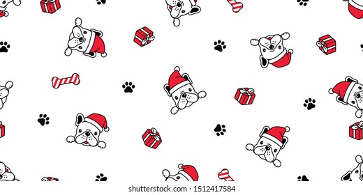 dog seamless pattern Christmas vector french bulldog Santa Claus hat bone scarf isolated cartoon repeat background tile wallpaper illustration design