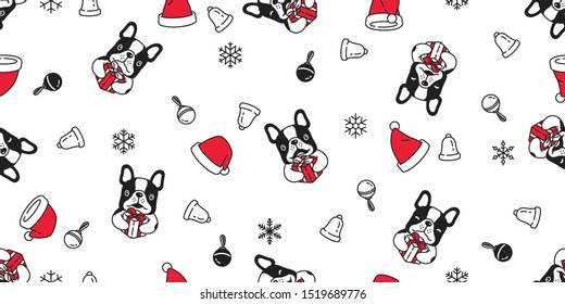 dog seamless pattern Christmas vector french bulldog Santa Claus hat gift box bell scarf isolated cartoon repeat background tile wallpaper illustration design