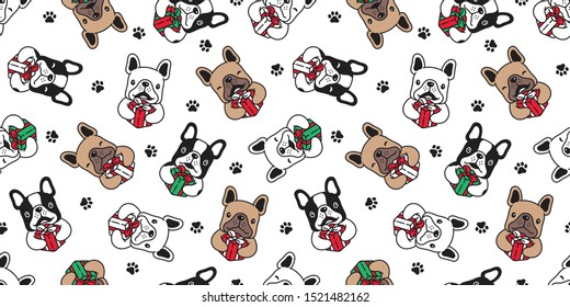 dog seamless pattern Christmas vector french bulldog Santa Claus paw footprint gift box scarf isolated cartoon repeat background tile wallpaper illustration design