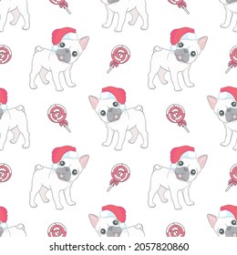 Dog seamless pattern Christmas vector french bulldog Santa Claus Xmas hat candy cane scarf cartoon illustration isolated tile background