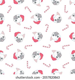 Dog seamless pattern Christmas vector french bulldog Santa Claus Xmas hat candy cane scarf cartoon illustration isolated tile background