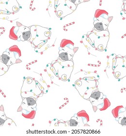 Dog seamless pattern Christmas vector french bulldog Santa Claus Xmas hat candy cane scarf cartoon illustration isolated tile background
