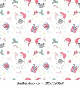 Dog seamless pattern Christmas vector french bulldog Santa Claus Xmas hat candy cane scarf cartoon illustration isolated tile background