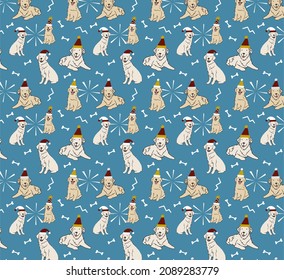 Dog seamless pattern Christmas vector golden retriever Santa Claus gift box wrapping, isolated cartoon repeat background tile wallpaper illustration design