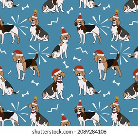 Dog Seamless Pattern Christmas Vector Beagle Santa Claus Paw Footprint Gift Box Scarf Isolated Cartoon Repeat Background Tile Wallpaper Illustration Design