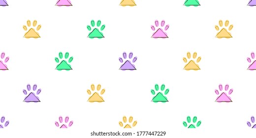 Hundenahtloses Muster, Farbige Hundefußspuren auf weißem Hintergrund, Hundesymbole. 