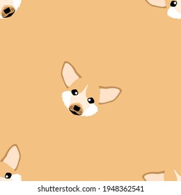 Dog seamless pattern, Corgi on orange background.	