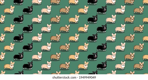 Dog seamless pattern, Corgi on green background.	