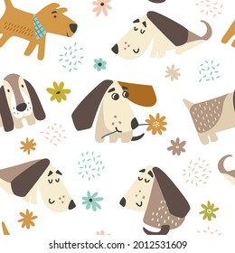 Dog seamless pattern. Cute puppy loves flowers background. Design for gift paper, textile, fabric. Hand drawn flat illustration. Vector
