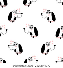 Dog seamless pattern with dachshund. Funny pet endless background with animal and heart. Cartoon dachshund in love repeat vector illustration in doodle style