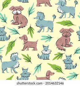 Dog seamless pattern. Domestic animals, pets. Seamless pattern with funny dog and leaves. Hand drawn cartoon illustration