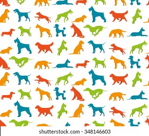 Dog seamless pattern with flat pet breeds silhouettes vector illustration