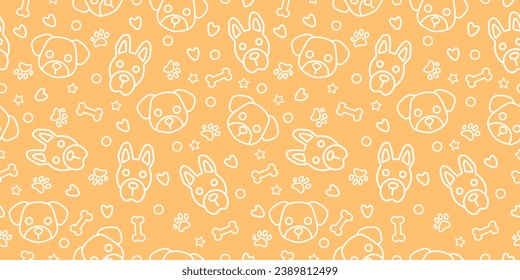 dog seamless pattern with footprint, paw, hearts, bones, balls, stars, pet shop, prints, social media posts, animal product design, hand drawn, kawaii doodle style, vector illustration