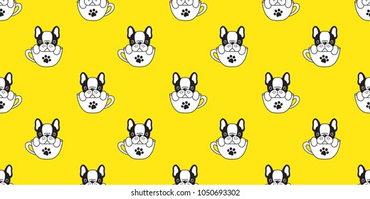 Dog seamless pattern french bulldog pug isolated cup paw puppy wallpaper background yellow
