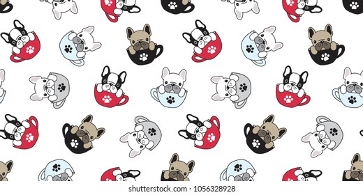 Dog seamless pattern french bulldog pug isolated cup paw puppy wallpaper background