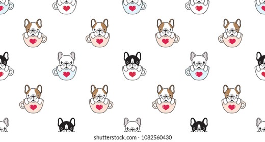 Dog seamless pattern french bulldog pug isolated cup heart valentine background wallpaper