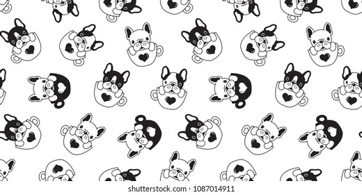 Dog seamless pattern french bulldog pug isolated coffee cup heart valentine repeat background wallpaper