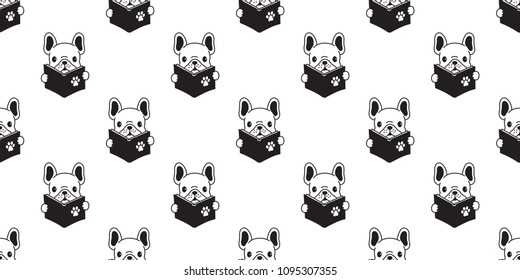 Dog seamless pattern french bulldog pug isolated reading book repeat background wallpaper