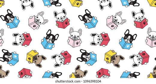 Dog seamless pattern french bulldog pug isolated background reading book cartoon wallpaper