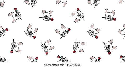 Dog seamless pattern french bulldog vector valentine rose flower tile background cartoon scarf isolated repeat wallpaper illustration white