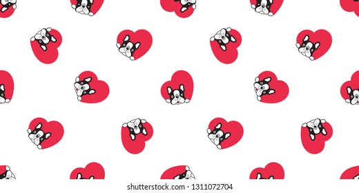 Dog seamless pattern french bulldog vector heart valentine scarf isolated repeat wallpaper tile background cartoon illustration black