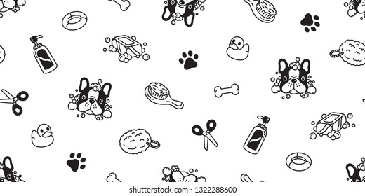 Dog seamless pattern french bulldog vector bath shower rubber duck scarf isolated cartoon repeat wallpaper tile background illustration white doodle