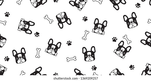 Dog seamless pattern french bulldog paw bone vector footprint head puppy pet scarf isolated tile background repeat wallpaper cartoon illustration