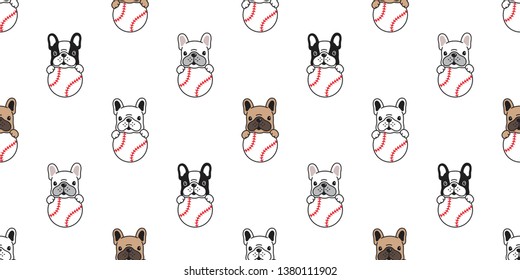 Dog seamless pattern french bulldog vector baseball tennis ball paw bone footprint head puppy pet scarf isolated tile background repeat wallpaper cartoon illustration
