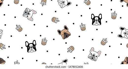 dog seamless pattern french bulldog vector Boba tea bubble milk tea cartoon polka dot scarf isolated repeat wallpaper tile background illustration doodle design