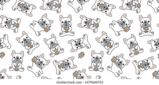 dog seamless pattern french bulldog Boba tea vector bubble milk tea cartoon scarf isolated repeat wallpaper tile background doodle illustration white design