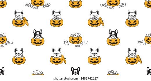 dog seamless pattern french bulldog vector Halloween pumpkin bone scarf isolated repeat wallpaper tile background cartoon illustration doodle design