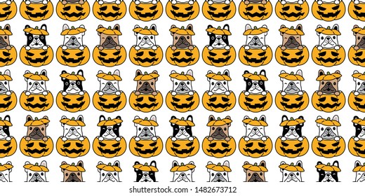 dog seamless pattern french bulldog vector Halloween pumpkin scarf isolated repeat wallpaper tile background cartoon illustration design