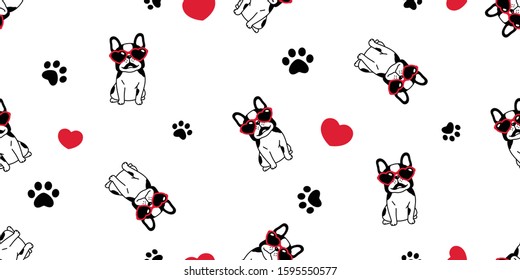 dog seamless pattern french bulldog valentine vector heart sunglasses paw footprint puppy scarf isolated repeat wallpaper tile background cartoon doodle illustration design