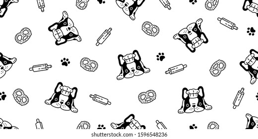 dog seamless pattern french bulldog vector chef bakery paw footprint pretzel bone pet food cooking scarf isolated cartoon repeat background tile wallpaper illustration white design