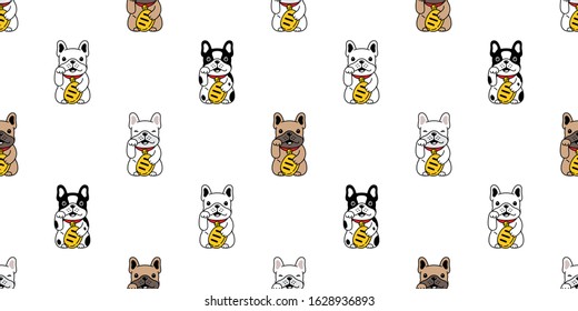 dog seamless pattern french bulldog lucky cat japan Maneki Neko vector scarf isolated repeat wallpaper tile background cartoon pet puppy doodle illustration design