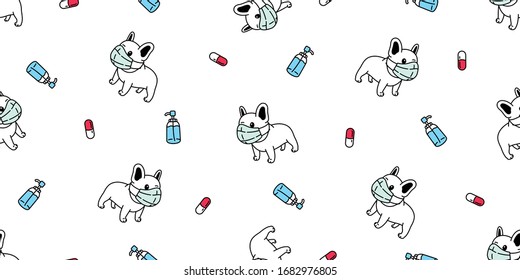 dog seamless pattern french bulldog face mask covid19 kitten coronavirus pm 25 vector sick pet puppy animal scarf isolated repeat wallpaper tile background cartoon doodle illustration design