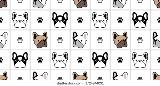 dog seamless pattern french bulldog paw footprint vector checked repeat wallpaper scarf isolated tile background cartoon puppy head pet doodle illustration design