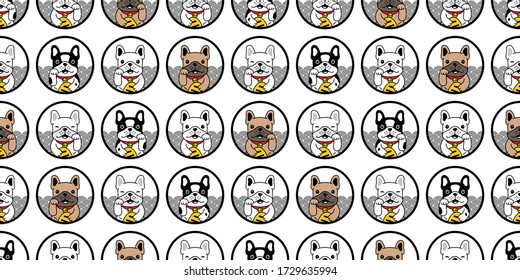 dog seamless pattern french bulldog lucky cat japan Maneki Neko polka dot vector pet cartoon puppy wave scarf isolated repeat wallpaper tile background illustration doodle design